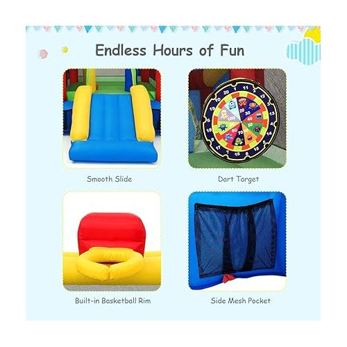  Costzon Inflatable Bounce House, 7-in-1 Bouncy House for Kids Indoor Outdoor Party with Football & 100 Ocean Balls, Basketball Rim, Toddler Jump Castle Bounce House with Blower Included Gifts Present