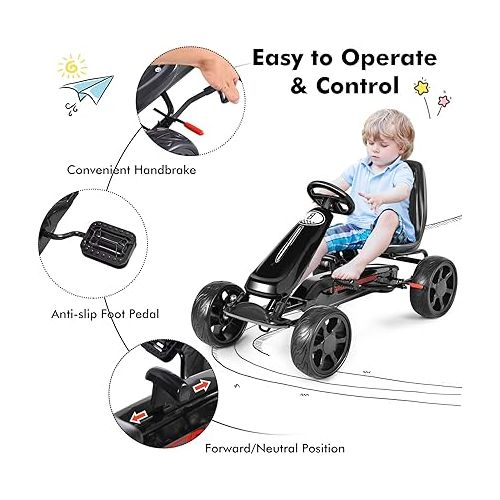  Costzon Kids Go Kart, 4 Wheel Powered Ride On Toy, Kids Pedal Vehicles Racer Pedal Car with Adjustable Seat, Clutch, Brake, EVA Rubber Wheels, Pedal Go Kart for Kids Ages 3-8 (Black)