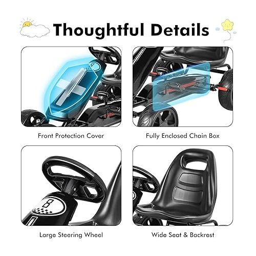  Costzon Kids Go Kart, 4 Wheel Powered Ride On Toy, Kids Pedal Vehicles Racer Pedal Car with Adjustable Seat, Clutch, Brake, EVA Rubber Wheels, Pedal Go Kart for Kids Ages 3-8 (Black)