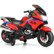 Costzon Kids Ride On Motorcycle, 12V Electric Battery Powered Ride On Bike w/Training Wheels, LED Lights, Music, Pedal, Forward/Reverse, Gift for Children Boys Girls (Red)