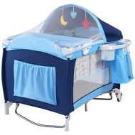 Costzon 4 in 1 Pack and Play with Bassinet, Portable Baby Playard with Adjustable Canopy, Side Zipper Entrance, Music Box, Whirling Toys, Wheels & Brake, Basket, Travel Crib for Indoor Outdoor Use