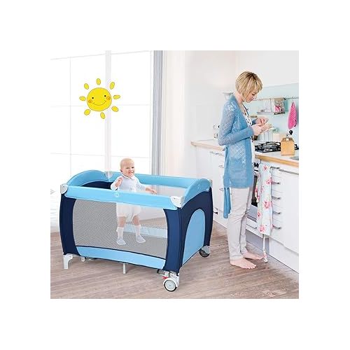  Costzon 4 in 1 Pack and Play with Bassinet, Portable Baby Playard with Adjustable Canopy, Side Zipper Entrance, Music Box, Whirling Toys, Wheels & Brake, Basket, Travel Crib for Indoor Outdoor Use