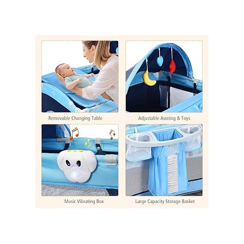  Costzon 4 in 1 Pack and Play with Bassinet, Portable Baby Playard with Adjustable Canopy, Side Zipper Entrance, Music Box, Whirling Toys, Wheels & Brake, Basket, Travel Crib for Indoor Outdoor Use