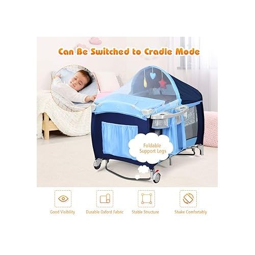  Costzon 4 in 1 Pack and Play with Bassinet, Portable Baby Playard with Adjustable Canopy, Side Zipper Entrance, Music Box, Whirling Toys, Wheels & Brake, Basket, Travel Crib for Indoor Outdoor Use