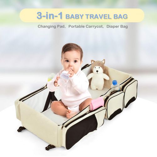  Costzon 3 in 1 Baby Bassinet Diaper Bag, Waterproof Oxford Portable Bassinet, Travel Changing Station with Fitted Sheet (Beige)
