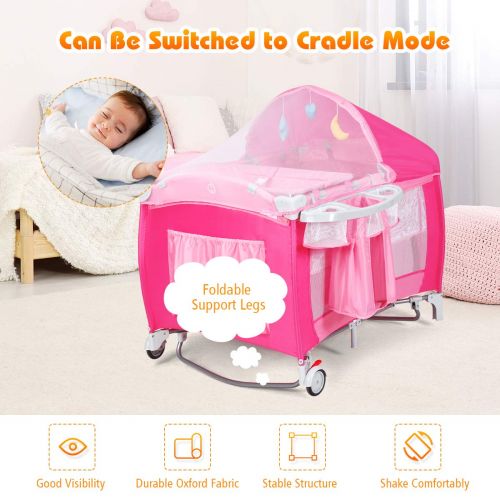  Costzon Baby Playard, 3 in 1 Multifunction Foldable Reversible Napper and Changer for Boys & Girls, Travel Infant Bassinet Bed with Music, Detachable Mat, Awning, Mosquito Net, Sto