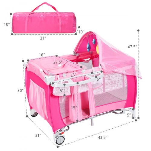  Costzon Baby Playard, 3 in 1 Multifunction Foldable Reversible Napper and Changer for Boys & Girls, Travel Infant Bassinet Bed with Music, Detachable Mat, Awning, Mosquito Net, Sto