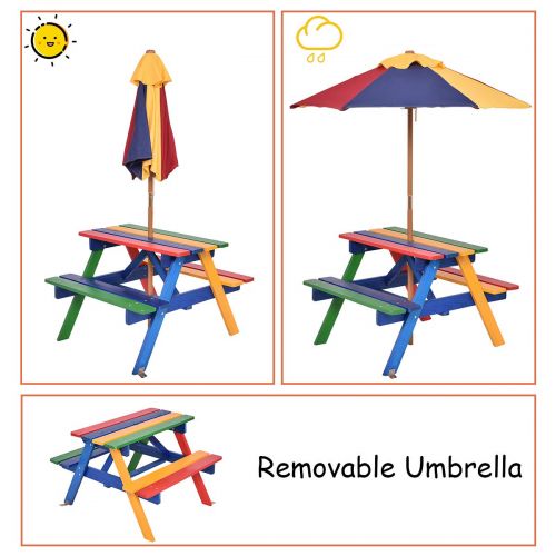  Costzon Kids Picnic Table Set Children Junior Rainbow Bench w/Umbrella (Multicolor)