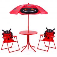Costzon Kids Table and 2 Chair Set, Ladybug Folding Set with Removable Umbrella for Indoor Outdoor Garden Patio