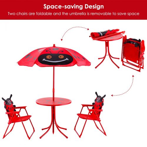  Costzon Kids Table and 2 Chair Set, Ladybug Folding Set with Removable Umbrella for Indoor Outdoor Garden Patio