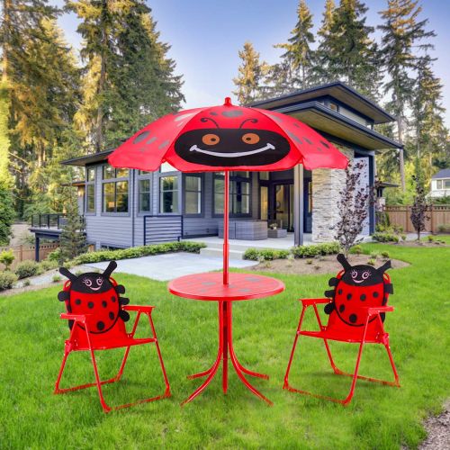  Costzon Kids Table and 2 Chair Set, Ladybug Folding Set with Removable Umbrella for Indoor Outdoor Garden Patio