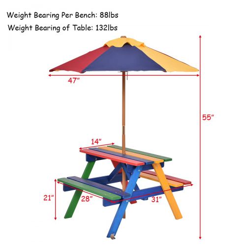  Costzon Kids Picnic Table Set Children Junior Rainbow Bench w/Umbrella (Red & Green)