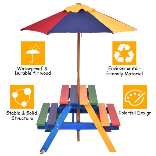  Costzon Kids Picnic Table Set Children Junior Rainbow Bench w/Umbrella (Red & Green)