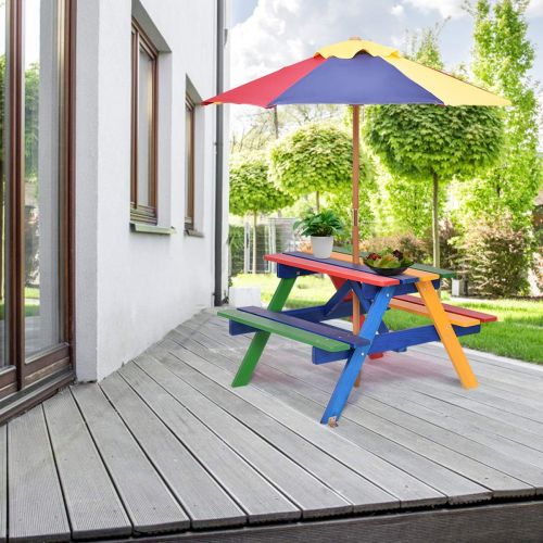  Costzon Kids Picnic Table Set Children Junior Rainbow Bench w/Umbrella (Red & Green)