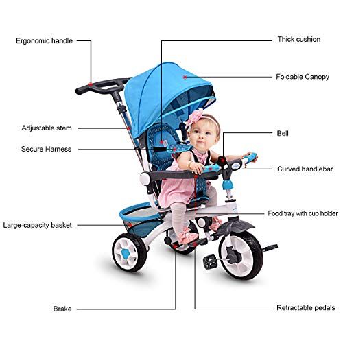  Costzon 4-in-1 Kids Tricycle Steer Stroller Toy Bike wCanopy Basket