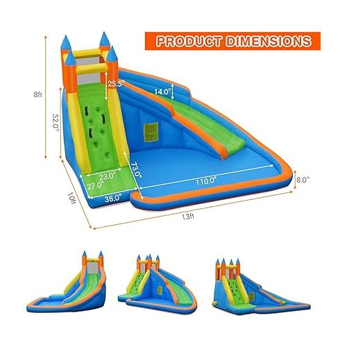  Costzon Inflatable Water Slide, Giant Bouncy Waterslide Park for Kids Backyard Outdoor Fun with Climbing Wall, Splash Pool, Blow up Water Slides Inflatables for Kids and Adults Party Gift