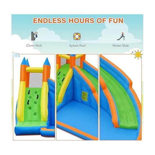  Costzon Inflatable Water Slide, Giant Bouncy Waterslide Park for Kids Backyard Outdoor Fun with Climbing Wall, Splash Pool, Blow up Water Slides Inflatables for Kids and Adults Party Gift