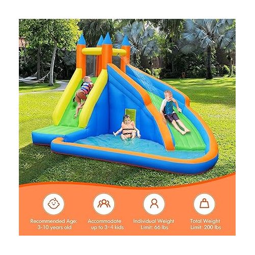  Costzon Inflatable Water Slide, Giant Bouncy Waterslide Park for Kids Backyard Outdoor Fun with Climbing Wall, Splash Pool, Blow up Water Slides Inflatables for Kids and Adults Party Gift