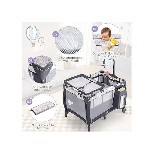  Costzon 3 in 1 Pack and Play with Bassinet, Portable Playard with Changing Table, Music Box, Whirling Toys, Wheels & Brake, Large Capacity Basket, Carry Bag (Grey + Water drop, 3 in 1 Travel Bassinet)