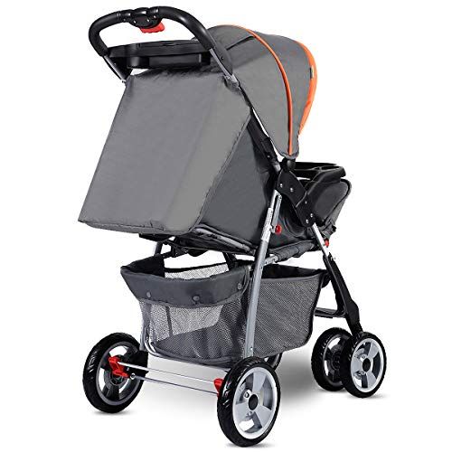  [아마존베스트]Costzon Baby Stroller, Foldable Infant Pushchair with 5-Point Safety Harness, Multi-Position Reclining Seat, Parent and Child Tray, Large Storage Basket, Suspension Wheels, Gray
