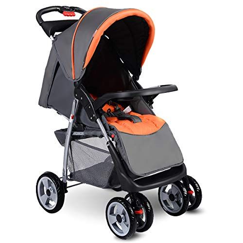  [아마존베스트]Costzon Baby Stroller, Foldable Infant Pushchair with 5-Point Safety Harness, Multi-Position Reclining Seat, Parent and Child Tray, Large Storage Basket, Suspension Wheels, Gray