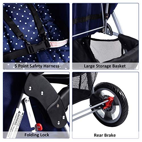  [아마존베스트]Costzon Baby Stroller, Foldable Infant Pushchair with 5-Point Safety Harness, Multi-Position Reclining Seat, Parent and Child Tray, Large Storage Basket, Suspension Wheels, Blue