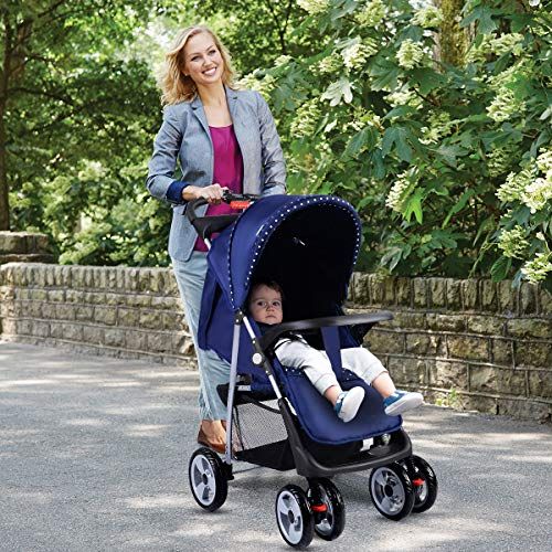  [아마존베스트]Costzon Baby Stroller, Foldable Infant Pushchair with 5-Point Safety Harness, Multi-Position Reclining Seat, Parent and Child Tray, Large Storage Basket, Suspension Wheels, Blue