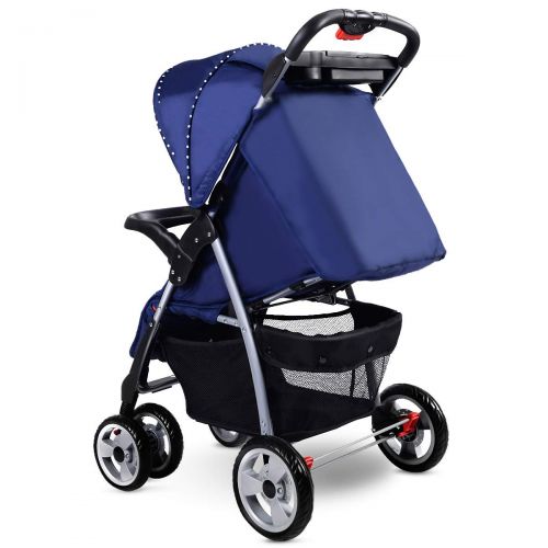  [아마존베스트]Costzon Baby Stroller, Foldable Infant Pushchair with 5-Point Safety Harness, Multi-Position Reclining Seat, Parent and Child Tray, Large Storage Basket, Suspension Wheels, Blue