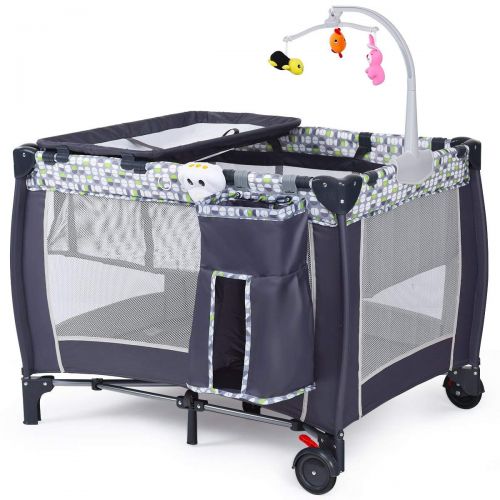  [아마존베스트]Costzon Baby Playard, 3 in 1 Convertible Playpen with Bassinet, Changing Table, Foldable Bassinet Bed with Music Box, Whirling Toys, Wheels & Brake, Large Capacity Basket, Oxford C