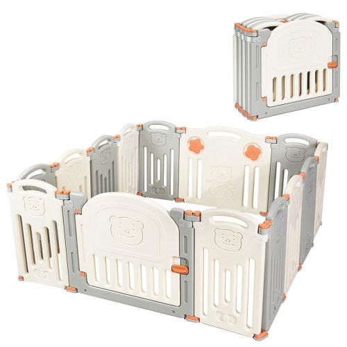  [아마존베스트]Costzon Baby Playpen, Kids 14-Panel Foldable Safety Activity Center Playard w/Walk-Through Locking Gate, Non-Slip Rubber Mats, Adjustable Shape, Portable Design for Indoor Outdoor