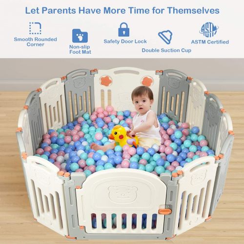  [아마존베스트]Costzon Baby Playpen, Kids 14-Panel Foldable Safety Activity Center Playard w/Walk-Through Locking Gate, Non-Slip Rubber Mats, Adjustable Shape, Portable Design for Indoor Outdoor