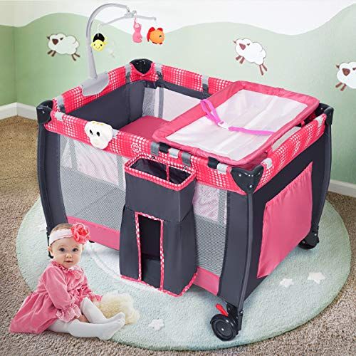  [아마존베스트]Costzon Baby Playard, 3 in 1 Convertible Playpen with Bassinet, Changing Table, Foldable Bassinet Bed with Music Box, Whirling Toys, Wheels & Brake, Large Capacity Basket, Oxford C