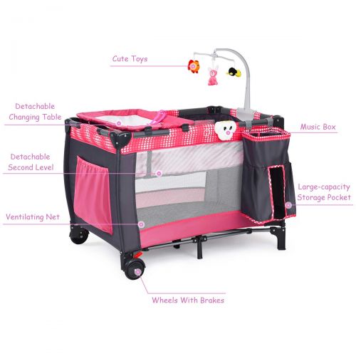  [아마존베스트]Costzon Baby Playard, 3 in 1 Convertible Playpen with Bassinet, Changing Table, Foldable Bassinet Bed with Music Box, Whirling Toys, Wheels & Brake, Large Capacity Basket, Oxford C