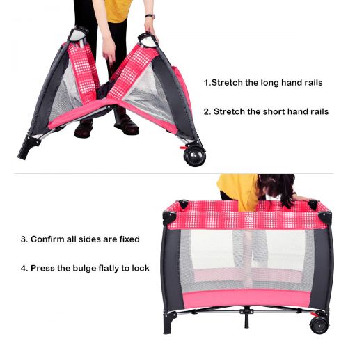  [아마존베스트]Costzon Baby Playard, 3 in 1 Convertible Playpen with Bassinet, Changing Table, Foldable Bassinet Bed with Music Box, Whirling Toys, Wheels & Brake, Large Capacity Basket, Oxford C