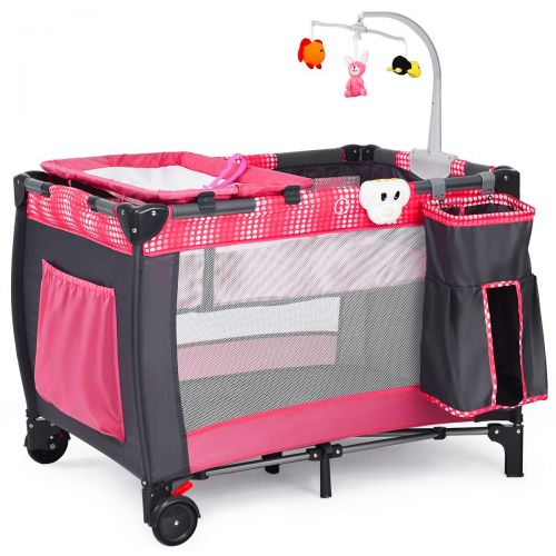  [아마존베스트]Costzon Baby Playard, 3 in 1 Convertible Playpen with Bassinet, Changing Table, Foldable Bassinet Bed with Music Box, Whirling Toys, Wheels & Brake, Large Capacity Basket, Oxford C