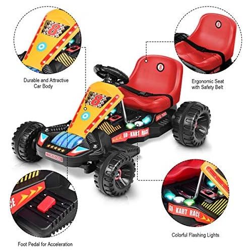  [아마존베스트]Costzon Electric Go Cart, 6V Battery Powered 4 Wheel Racer for Kids, Kids Pedal Cars for Outdoor, Ride On Toy Car with LED Flash Light, Music, Forward/Backward, 3-Position Adjustab