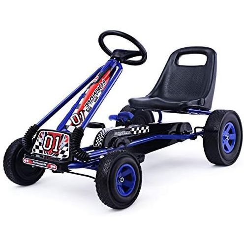  [아마존베스트]Costzon Go Kart, 4 Wheel Pedal Powered Ride On, Outdoor Racer with Adjustable Seat, Rubber Wheels, Brake, Ride On Pedal Car for Boys, Girls (Blue)