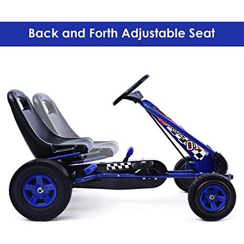  [아마존베스트]Costzon Go Kart, 4 Wheel Pedal Powered Ride On, Outdoor Racer with Adjustable Seat, Rubber Wheels, Brake, Ride On Pedal Car for Boys, Girls (Blue)