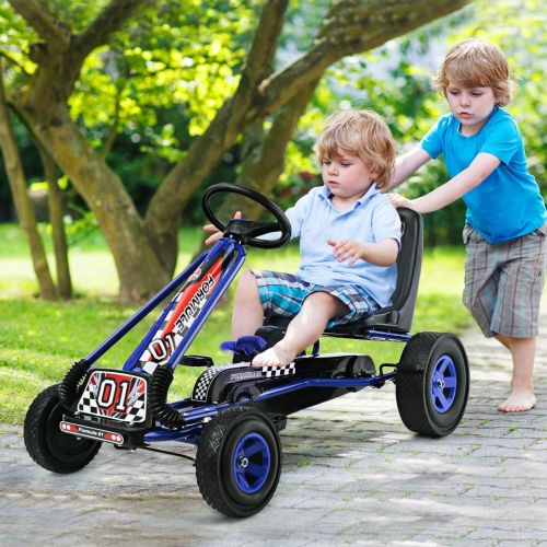  [아마존베스트]Costzon Go Kart, 4 Wheel Pedal Powered Ride On, Outdoor Racer with Adjustable Seat, Rubber Wheels, Brake, Ride On Pedal Car for Boys, Girls (Blue)