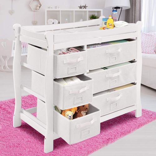  Costzon Baby Changing Table, Infant Diaper Changing Table Organization, Newborn Nursery Station with Pad, Sleigh Style Nursery Dresser Changing Table with Hamper/ 6 Baskets (White)