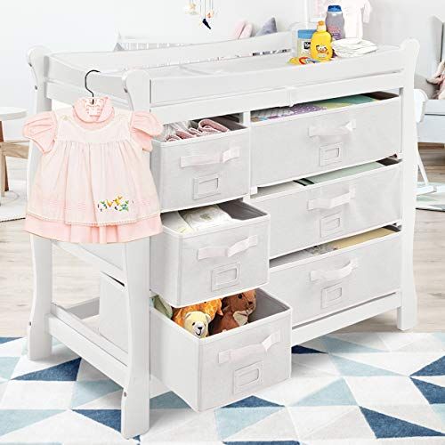  Costzon Baby Changing Table, Infant Diaper Changing Table Organization, Newborn Nursery Station with Pad, Sleigh Style Nursery Dresser Changing Table with Hamper/ 6 Baskets (White)