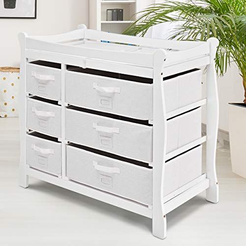  Costzon Baby Changing Table, Infant Diaper Changing Table Organization, Newborn Nursery Station with Pad, Sleigh Style Nursery Dresser Changing Table with Hamper/ 6 Baskets (White)