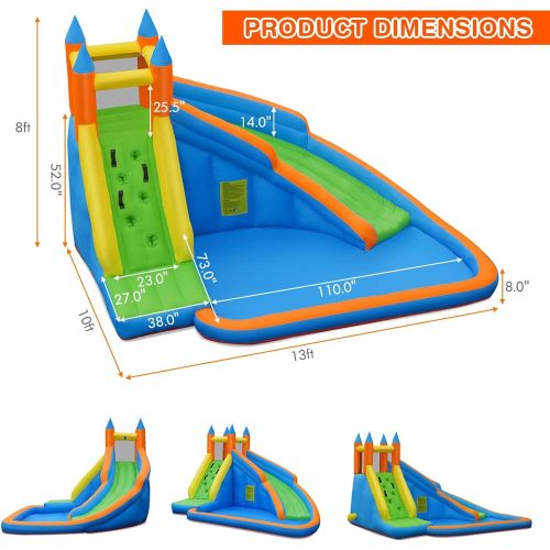  Costzon Inflatable Slide Bouncer, Water Slides for Kids Backyard with Climbing Wall, Long Slide, Splash Pool, Inflatable Water Park w/Oxford Carry Bag, Repairing Kit, Stakes (with