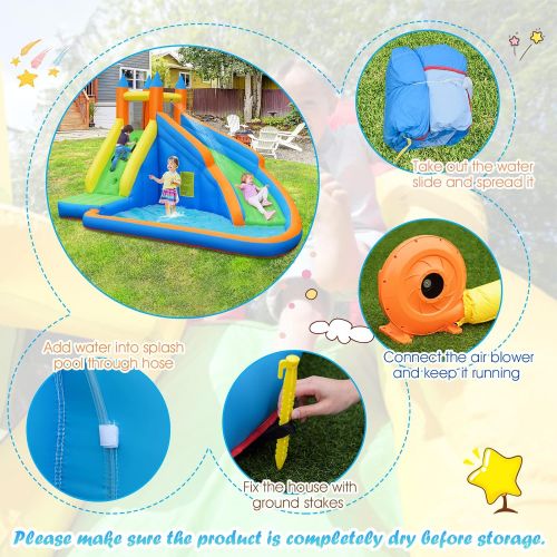  Costzon Inflatable Slide Bouncer, Water Slides for Kids Backyard with Climbing Wall, Long Slide, Splash Pool, Inflatable Water Park w/Oxford Carry Bag, Repairing Kit, Stakes (with