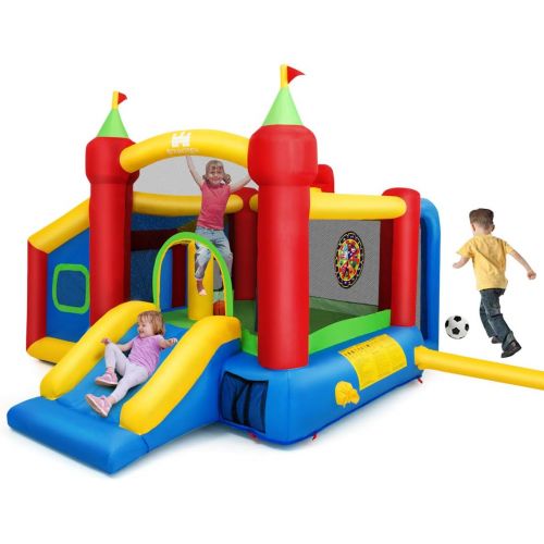  Costzon Inflatable Bounce House, 7-in-1 Kids Jumper Castle with Slide, Football & 100 Ocean Balls, Basketball Rim, Party Bouncy House for Kids Toddler Indoor Outdoor (Without Blowe