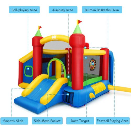  Costzon Inflatable Bounce House, 7-in-1 Kids Jumper Castle with Slide, Football & 100 Ocean Balls, Basketball Rim, Party Bouncy House for Kids Toddler Indoor Outdoor (Without Blowe