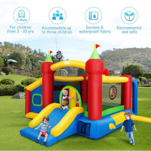  Costzon Inflatable Bounce House, 7-in-1 Kids Jumper Castle with Slide, Football & 100 Ocean Balls, Basketball Rim, Party Bouncy House for Kids Toddler Indoor Outdoor (Without Blowe