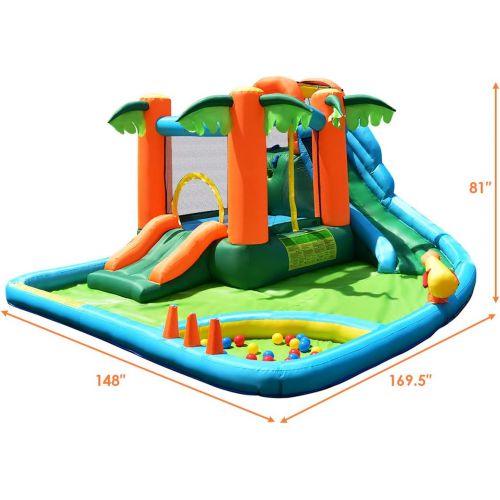  Costzon Inflatable Water Slide, 7 in 1 Kids Water Slide Jumping Castle with Blower, Water Bounce House, Climbing, Splash Pool, Water Cannon, Outdoor Water Slides for Backyard (with