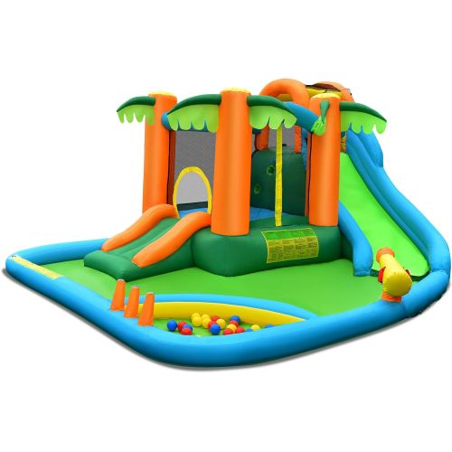  Costzon Inflatable Water Slide, 7 in 1 Kids Water Slide Jumping Castle with Blower, Water Bounce House, Climbing, Splash Pool, Water Cannon, Outdoor Water Slides for Backyard (with