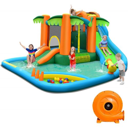  Costzon Inflatable Water Slide, 7 in 1 Kids Water Slide Jumping Castle with Blower, Water Bounce House, Climbing, Splash Pool, Water Cannon, Outdoor Water Slides for Backyard (with